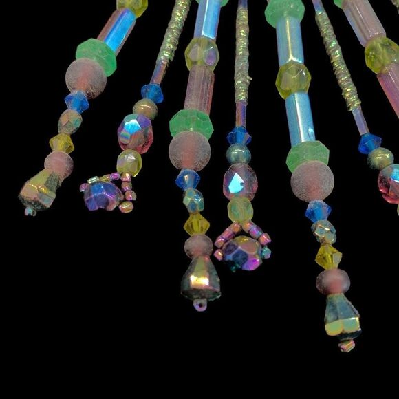 Vintage hand beaded shoulder duster blue iridescent chandelier earrings clip - Picture 4 of 10